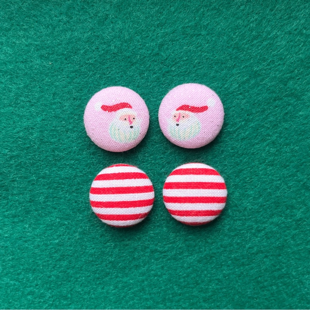 Pink Christmas Fabric Button Stud Earrings, Retro Santa Claus Stud Earrings